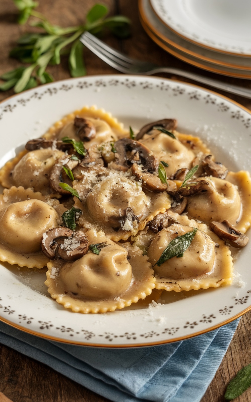 Delicious mushroom ravioli with brown-butter sage sauce, garnished with herbs and Parmesan.